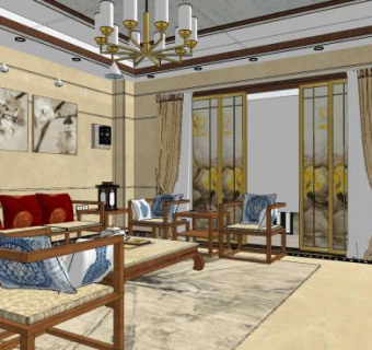 中式复古客餐厅SU模型下载_sketchup草图大师SKP模型