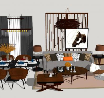 北欧客餐厅家具设计SU模型下载_sketchup草图大师SKP模型