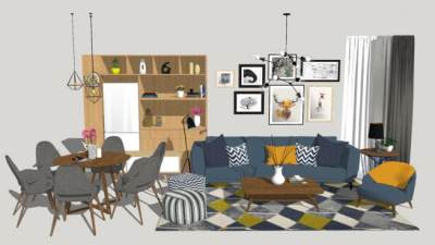 简欧客餐厅设计SU模型下载_sketchup草图大师SKP模型