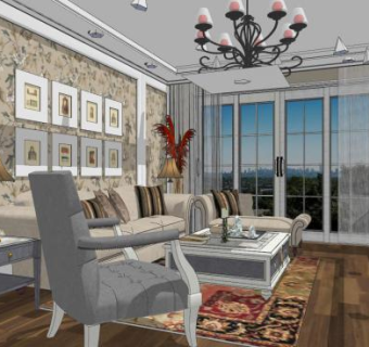 现代简欧风客餐厅SU模型下载_sketchup草图大师SKP模型