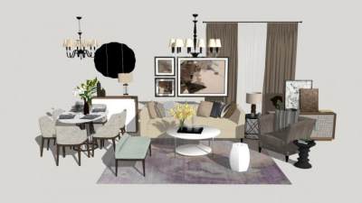 简欧客餐厅家具SU模型下载_sketchup草图大师SKP模型