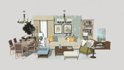 欧式田园风格客餐厅SU模型下载_sketchup草图大师SKP模型