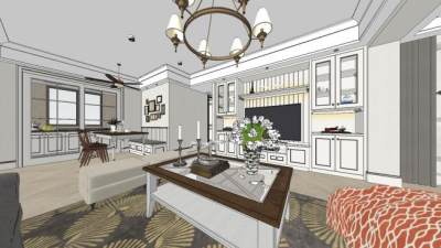 现代美式客餐厅设计SU模型下载_sketchup草图大师SKP模型