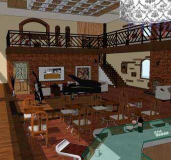 美式复古风咖啡厅内部SU模型下载_sketchup草图大师SKP模型
