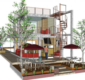 现代民宿咖啡店SU模型下载_sketchup草图大师SKP模型