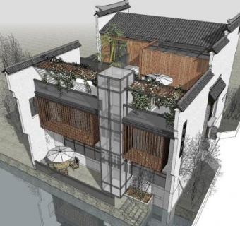 民宿茶楼建筑SU模型下载_sketchup草图大师SKP模型