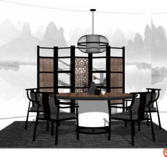 新中式茶室家具布局SU模型下载_sketchup草图大师SKP模型