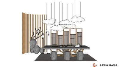 新中式风格茶室茶席SU模型下载_sketchup草图大师SKP模型