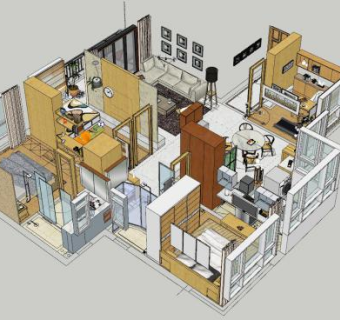 现代风格三室两厅家装SU模型下载_sketchup草图大师SKP模型