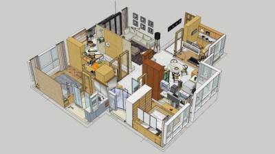 现代风格三室两厅家装SU模型下载_sketchup草图大师SKP模型