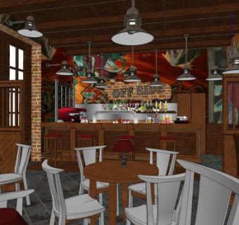 现代复古风咖啡厅室内SU模型下载_sketchup草图大师SKP模型