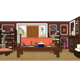 美式复古客厅家装SU模型下载_sketchup草图大师SKP模型