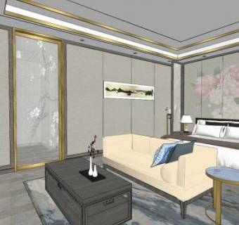 现代新中式偏房卧室设计SU模型下载_sketchup草图大师SKP模型