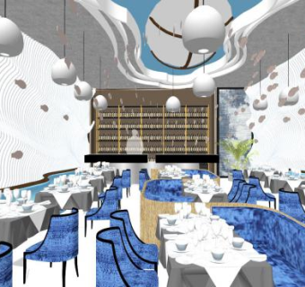 现代海洋主题餐厅SU模型下载_sketchup草图大师SKP模型