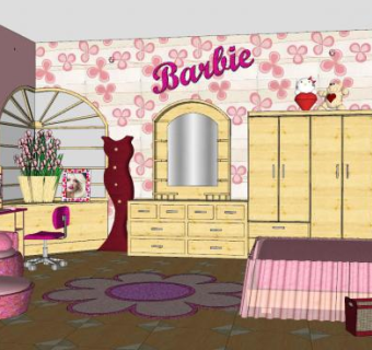 粉色系公主房卧室SU模型下载_sketchup草图大师SKP模型