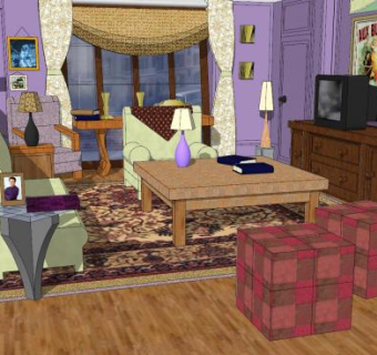 美式老式风格客餐厅SU模型下载_sketchup草图大师SKP模型