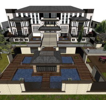 新中式别墅建筑sketchup模型下载_sketchup草图大师SKP模型