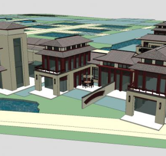 新中式休闲会所设计SU模型下载_sketchup草图大师SKP模型