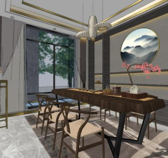 新中式风客餐厅室内SU模型下载_sketchup草图大师SKP模型