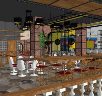 工业风西餐厅室内SU模型下载_sketchup草图大师SKP模型