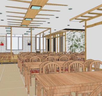 现代中式餐厅餐饮店SU模型下载_sketchup草图大师SKP模型