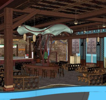 中国风餐厅一楼大厅SU模型下载_sketchup草图大师SKP模型