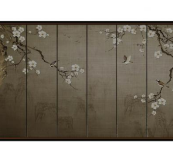 新中式梅花背景墙SU模型下载_sketchup草图大师SKP模型
