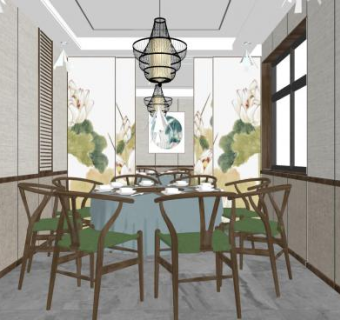 新中式餐厅包间及走廊SU模型下载_sketchup草图大师SKP模型