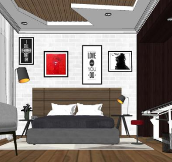 现代北欧风格卧室SU模型下载_sketchup草图大师SKP模型