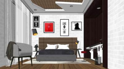 现代北欧风格卧室SU模型下载_sketchup草图大师SKP模型