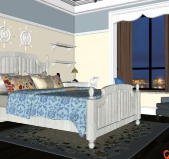 现代地中海风格卧室SU模型下载_sketchup草图大师SKP模型