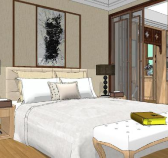 现代中式卧室SU模型下载_sketchup草图大师SKP模型