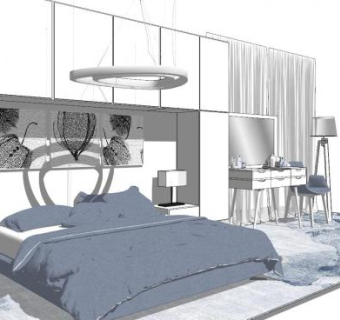 粉蓝北欧卧室SU模型下载_sketchup草图大师SKP模型