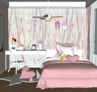 北欧卧室女孩房SU模型下载_sketchup草图大师SKP模型