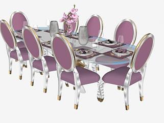 欧式现代餐桌椅8人座SU模型下载_sketchup草图大师SKP模型