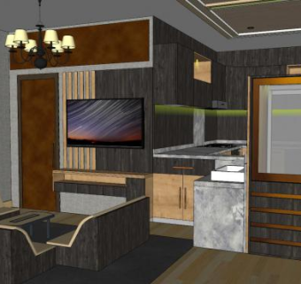 现代客厅厨房家装设计SU模型下载_sketchup草图大师SKP模型