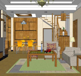 现代中式风格客餐厅SU模型下载_sketchup草图大师SKP模型