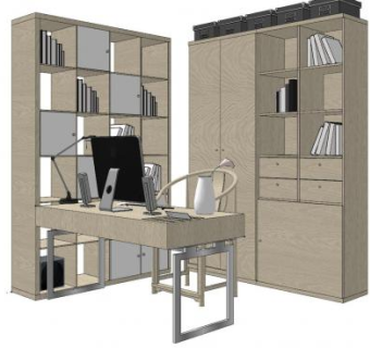 新中式一体式办公桌书柜SU模型下载_sketchup草图大师SKP模型