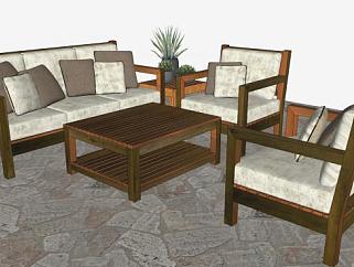 木质沙发组合SU模型下载_sketchup草图大师SKP模型