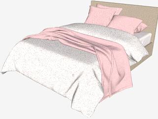 现代木板双人床床上用品SU模型下载_sketchup草图大师SKP模型
