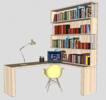 书桌书架组合SU模型下载_sketchup草图大师SKP模型
