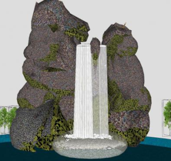 大型假山瀑布流水景观SU模型下载_sketchup草图大师SKP模型