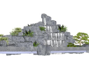 大型假山叠石流水景观SU模型下载_sketchup草图大师SKP模型