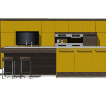 一字型吧台厨房SU模型下载_sketchup草图大师SKP模型
