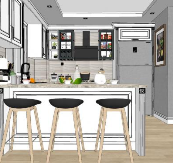 简约U型厨房橱柜设计SU模型下载_sketchup草图大师SKP模型