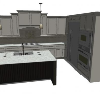 简欧厨房橱柜吧台SU模型下载_sketchup草图大师SKP模型