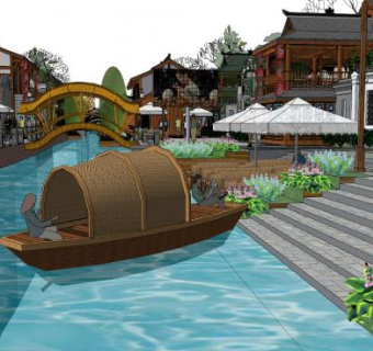 中式河道景观带改造su模型下载_sketchup草图大师SKP模型