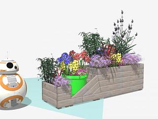 木质景观花箱植物SU模型下载_sketchup草图大师SKP模型