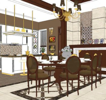 新中式厨房餐厅室内SU模型下载_sketchup草图大师SKP模型