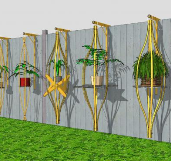围墙竹子花架盆栽SU模型下载_sketchup草图大师SKP模型
